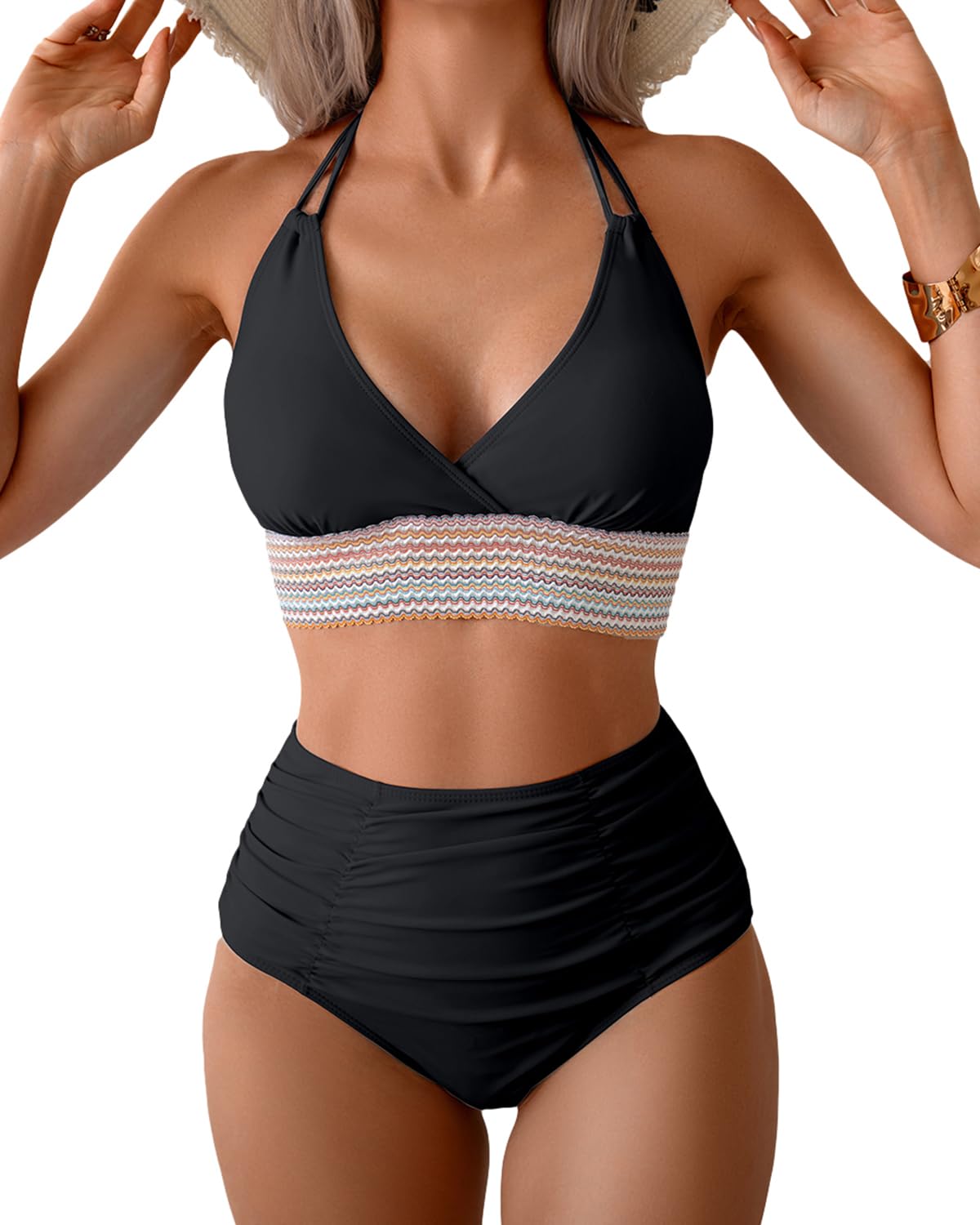 Limeeke Women's High Waisted Bikini Sets V Neck Tummy Control Swimsuits Color Block Two Piece Bathing Suit